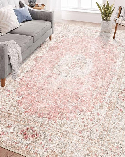 6x9 Area Rugs Washable,Pink Rug for Living Room Bedroom Kitchen,Large Boho Vintage Bohemian Distressed Carpet Non Slip,Blush