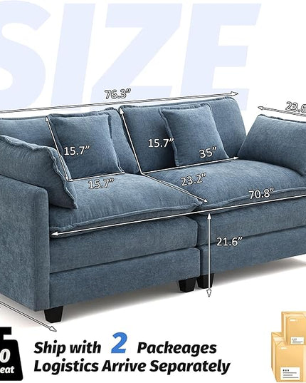 76'' Cloud Deep Seat Loveseat, Upholstered Chenille Modular 2-Seats Sectional Sofa Couch, Modern Comfy Settee Loveseat for Living Room Set, Small Apartment, Blue