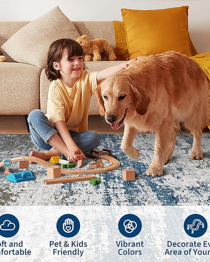Modern Abstract 2x8 Runner Rug Non Slip Non Shedding Rug Low Pile Stain Resistant for Bedroom Hallway Kitchen,Navy