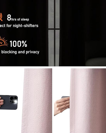 100% Blackout Pink Linen Curtains 80 Inches Long 2 Panels for Patio Bedroom, Noise Reducing Total Black Out Thermal Insulated Grommet Window Curtain Panels, Pink, W52 x L80, 2 Panels