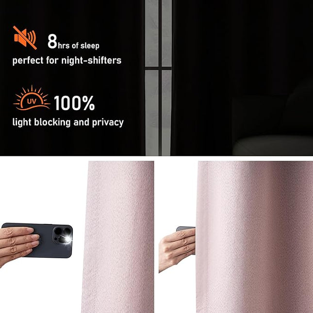 100% Blackout Pink Linen Curtains 80 Inches Long 2 Panels for Patio Bedroom, Noise Reducing Total Black Out Thermal Insulated Grommet Window Curtain Panels, Pink, W52 x L80, 2 Panels