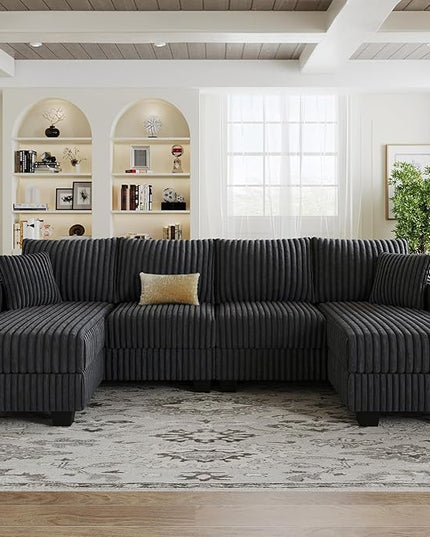 Belffin U Shaped Couch with Reversible Chaises Sectional Couches for Living Room Sectional Couch with Ottomans Corduroy (Dark Grey, U Shaped)