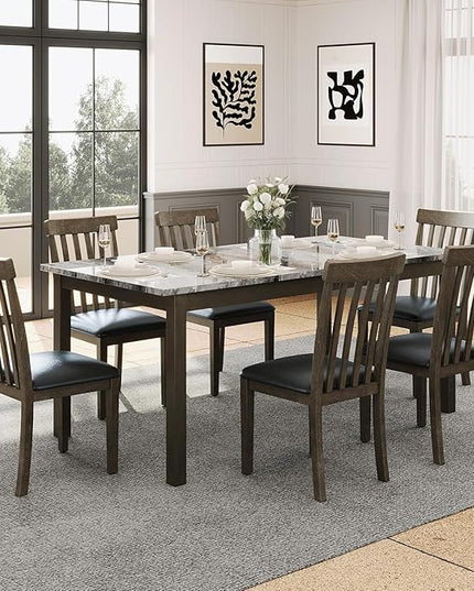 AMERLIFE 7-Piece Dining Table Set with 6 PU Leather Upholstered Chairs, Heavy-Duty Solid Wood Set with 71" Faux Marble Modern Table for Kitchen & Dining Room, Dark Brown
