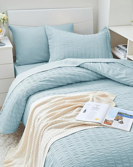 HYMOKEGE Lake Blue Twin XL Comforter Set Seersucker 5 Pieces, All Season Luxury Bed in a Bag for Bedroom, Bedding Set with Comforters, Sheets, Pillowcase & Sham