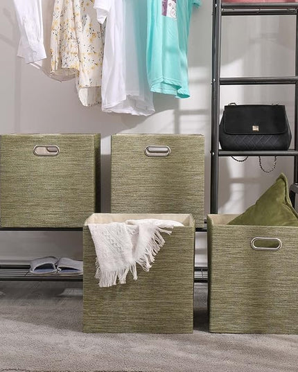 13×13 Inch Fabric Storage Cube Bins, Foldable Cube Organizer Boxes with Handles, Collapsible 4-Pack Storage Baskets for Closet, Shelf, Bookcase & Bedroom – Secret Meadow Green