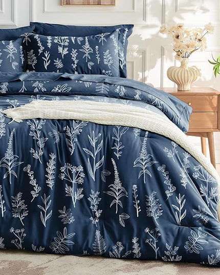 MUXHOMO Navy Blue Full Comforter Set, Elegant Floral Print Bed in a Bag 7 Pieces, Ultra Soft & Breathable Reversible Botanical Pattern Bedding Set with Comforter, Sheets, Pillowcases, and Shams