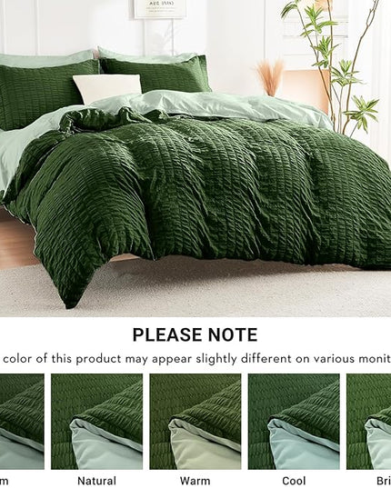 HYMOKEGE Dark Green/Sage Green Twin Comforter Set Seersucker 5 Pieces, All Season Luxury Bed in a Bag for Bedroom, Bedding Set with Comforter, Sheets, Pillowcase & Sham