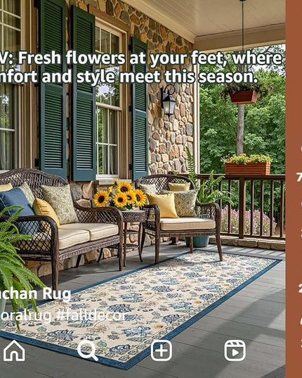 jinchan Elora 3x8 Floral Runner Rug for Hallway Washable Kitchen Runner Vintage Romance Design Non Slip Thin Indoor Floor Cover Low-Profile Throw Carpet for Entryway Bathroom Bedroom Porch, Blue/Beige