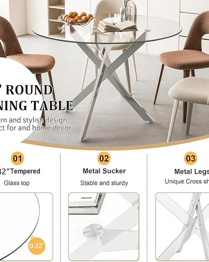 5 Piece Round Dining Table Set for 4, Modern Glass Kitchen Dining Room Table Set for 4, 47" Circle Silver Glass Metal Dining Table with 4 White PU Leather Dining Chairs for Kitchen Dining Room