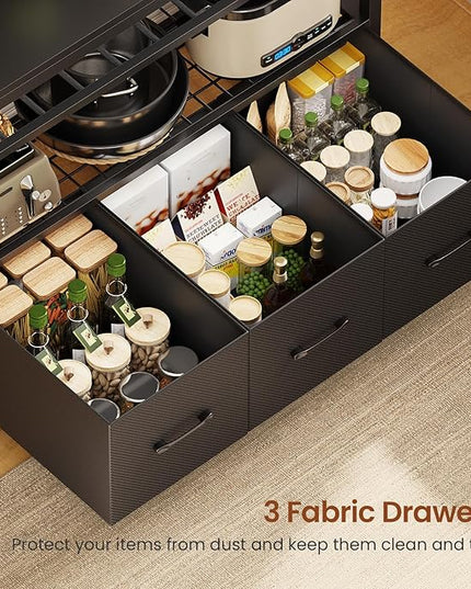 Itaar Bakers Rack with Power Outlet and Storage, 35.4 inch Coffee Bar Cabinet, Microwave Stand Kitchen Cabinet with Hutch, LED Lights, Wine Rack and Hooks, Black