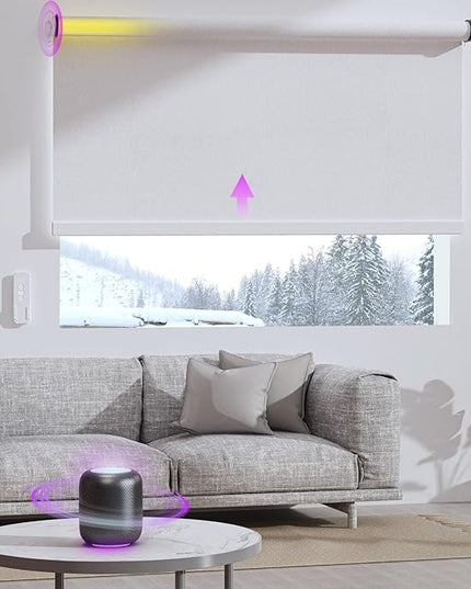 Astomi Motorized Roller Shades for Windows, Blackout Smart Blinds for Indoor, Effortless Remote & Voice Control, Compatible with Alexa, Google Home, Custom Size，Fabric-Pure White