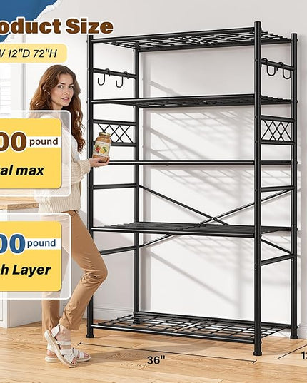 Storage Shelves 5-Tier Large Capacity Metal Shelving with Hooks, Heavy Duty Garage Shelving Unit with Leveling Feet, Stable Metal Shelves for Pantry, Kitchen and Closet, 72" H x 36" W x 12" D, Black