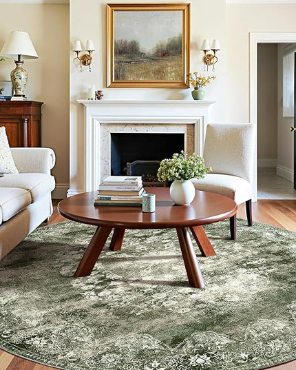 jinchan Round Rug 8ft Area Rug - Green Vintage Floor Mat Kitchen Indoor - Washable Circle 8' Thin Floral Print Christmas Carpet Retro Farmhouse Non Slip Dining Room Living Room Bedroom Office