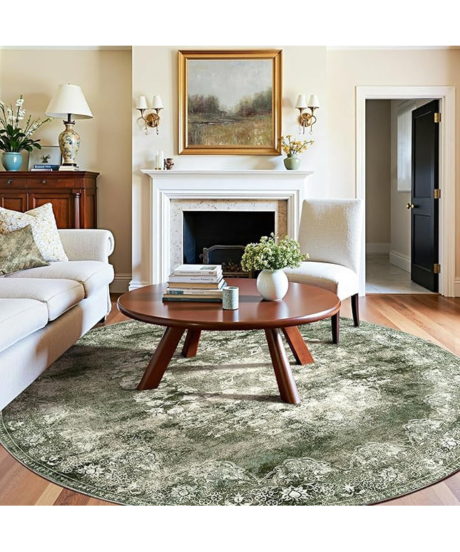 jinchan Round Rug 8ft Area Rug - Green Vintage Floor Mat Kitchen Indoor - Washable Circle 8' Thin Floral Print Christmas Carpet Retro Farmhouse Non Slip Dining Room Living Room Bedroom Office