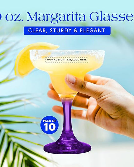 DISCOUNT PROMOS 10 Margarita Glasses Set, 9 oz. - Personalized Text, Logo - Classic, Smooth, Barware, Glassware - Purple