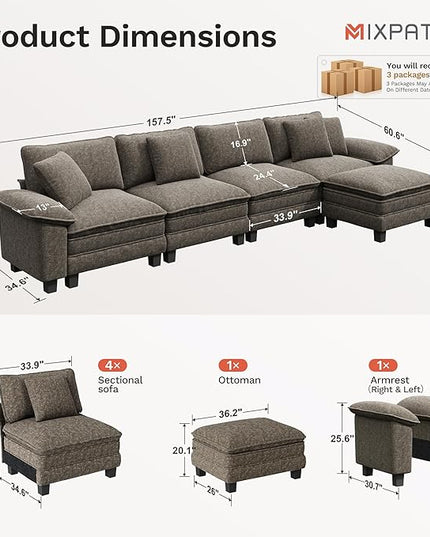 157-Inch L Shaped Sectional Sofa with Cloud Cushions, Deep Seat Modular Couch Set w/ 5 Seats & 1 Ottomans, Removable Arms, Plush Chenille Upholstery for Living Room, Apartment - Smoky Gray