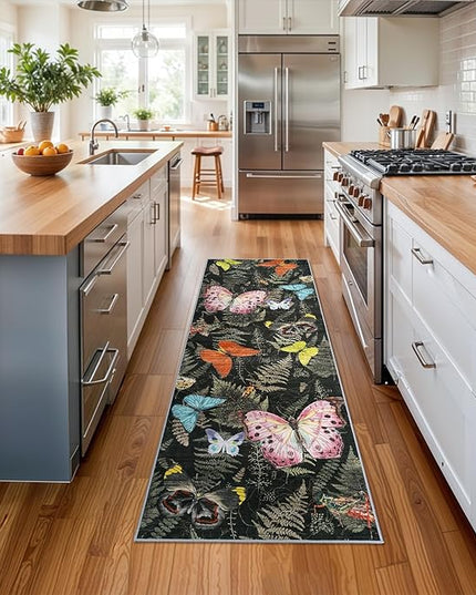 Washable Oriental Hallway Runner Rug - 2x6 Rugs for Living Room Soft Carpet for Bedroom Kitchen Waterproof Floral Indoor Stain Resistant Non-Shedding Floor Carpets (Black Green Butterfly, 2X6)