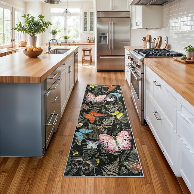 Washable Oriental Hallway Runner Rug - 2x6 Rugs for Living Room Soft Carpet for Bedroom Kitchen Waterproof Floral Indoor Stain Resistant Non-Shedding Floor Carpets (Black Green Butterfly, 2X6)