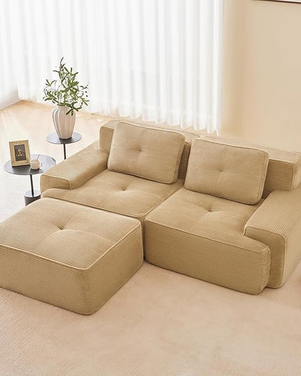 82" Convertible Modular Couches, Deep Seat L Shaped Sofas for Living Room, Modern 2 Seater Love Seat Sofa with 1 Ottoman for Small Space, Comfy Cloud Sectional Sofa Set, Corduroy Fabric Camel