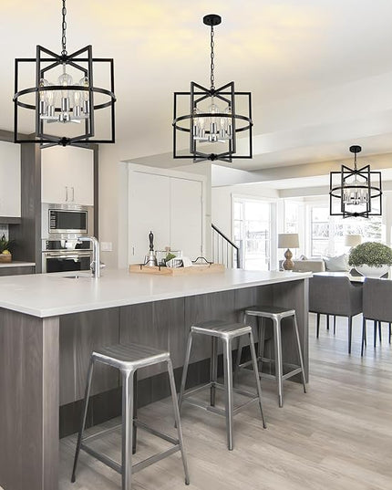19'' Modern Farmhouse Chandelier 5-Light Black Brushed Nickel Chandelier with Industrical Metal Cage, Adjustable Geometric Pendant Light Fixture for Dining Room Kitchen Living Room Entryway