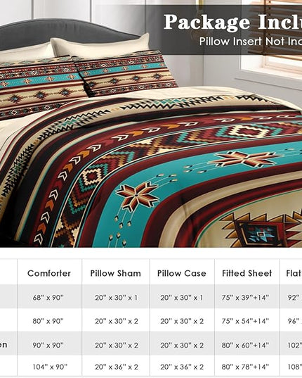 Comforter Set Full Size, African Tribal Ethnic 7 Pcs Bedding for Kids and Adults, Mexican Moroccan Aztec Bed Sheet Sets with Fitted Sheet 2 Pillowcases & 2 Shams for Bedroom Bed Decor