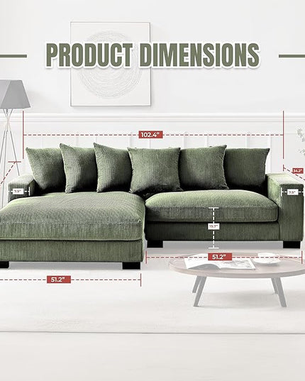 Luxe Oversized Two-Piece Sectional Couches for Living Room, 102.4-Inch L Shaped Sofa with Chaise, Upholstered with Corduroy Fabric, Dark Green (Left Facing)