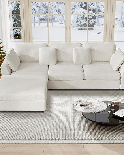 Tbfit L Shaped Couch, Oversized 108" Modular Sectional Sofa with Convertible Chaise, Comfy 4 Pillows Sofa for Living Room, White