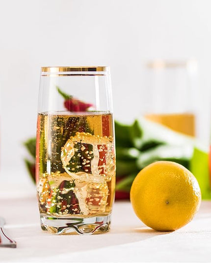 13.25 Oz Gold Glass Cup (Set of 6) - Elegant Drinking Glasses with Gold Accented Rim, Durable Glassware for Entertaining, Dining, Everyday Use - Ideal for Cocktails & Beverages