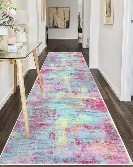 IOHOUZE Abstract Runner Rug 3x10 Ft Washable Runners for Hallways, Non Slip Kitchen Runner Printed Faux Wool Entryway Runner Indoor, Modern Abstract Floor Carpet for Hall Kitchen Bedroom, Pink Teal
