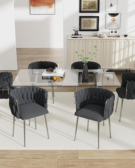 7 Piece Modern Glass Dining Room Set, 63'' Luxury Minimalist Dinner Room Set for 6, 6 Person Clear Glass Rectangle Kitchen Table with Black Woven Chair, for Living Room Small Place (Silver)