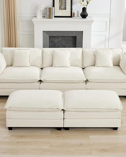 111'' Sectional Cloud Deep Seat Couch, Oversized Chenille U Shaped Sectional Sofa for Living Room Set, Comfy Upholstered Modular 5-Seats Sectional Sofa Couch with 2 Movable Ottoman, Beige