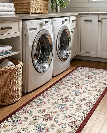 jinchan Elora 3x8 Floral Runner Rug for Hallway Washable Runner Vintage Romance Christmas Design Non Slip Thin Indoor Floor Cover Low-Profile Throw Carpet for Entryway Bathroom Bedroom, Red/Beige