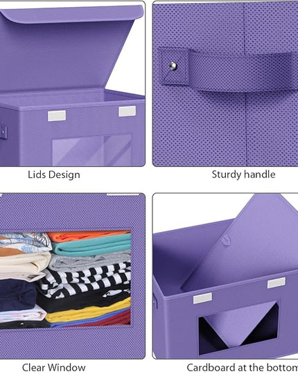 Univivi Storage Bins with Lids [4-Pack] Fabric Lidded Storage Baskets Stackable Closet Storage Bins, Closet Organizers and Storage with Lid & Clear Window for Home, Office, Bedroom (Purple)