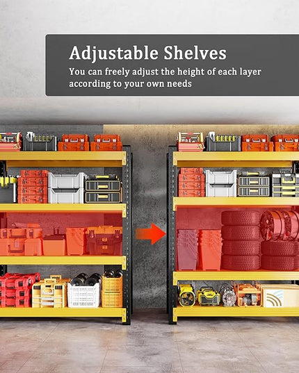 5000LBS Heavy Duty Garage Shelving 59" W Garage Storage Shelves 4-Tier Metal Adjustable Shelf Unit Storage Rack for Basement Supermarket Warehouse 59" W x 24" D x 78" H Yellow