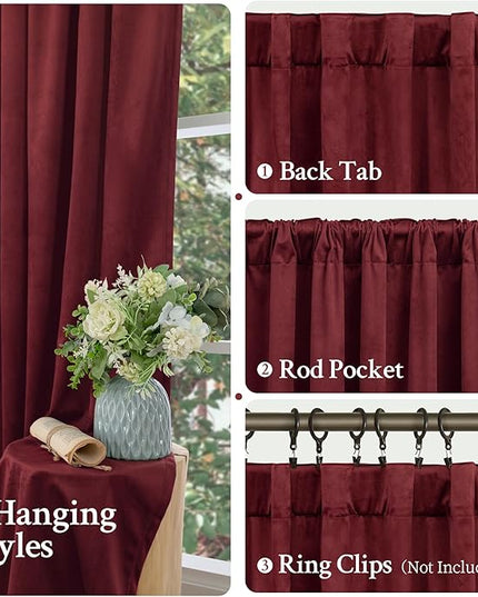 LAMIT Burgundy Red Velvet Curtains 96 Inch for Living Room, Vintage Thermal Room Darkening Panels Privacy Back Tab and Rod Pocket Christmas Drapes for Bedroom/Theater, 2 Panels, 52 x 96 Inch