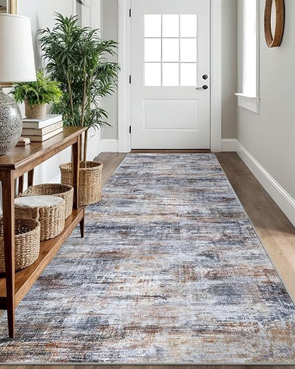 IOHOUZE Abstract Runner Rug 3x10 Ft Washable Runners for Hallways, Non Slip Kitchen Runner Printed Faux Wool Entryway Runner Indoor, Modern Abstract Floor Carpet for Hall Bedroom, Orange Grey