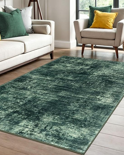 IOHOUZE Abstract Area Rug 4x6 Ft Washable Rugs for Entryway Indoor, Non Slip Small Living Room Rugs Printed Faux Wool Throw Rug, Floor Carpet for Kitchen Nursery Playroom, Dark Green