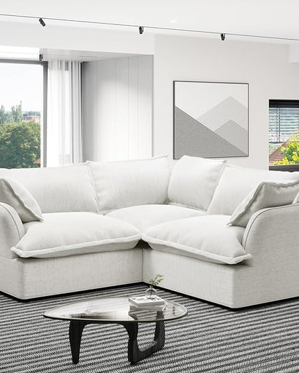 Cloud Modular Sectional Sofa,V Shape Linen Convertible Couches,Down Fill Sectional Sofas,Detachable Couch Cushion Covers,3 Seater Corner Couch for Living Room,Cream White