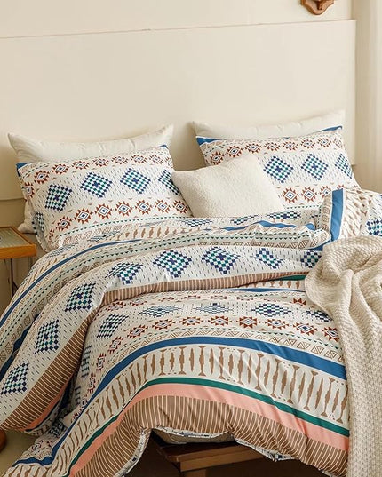 Luxlovery Aztec Comforter Set King Beige Blue Bohemian Bedding Set King Southwestern Exotic Ethnic Rustic Native American Navajo Bedding Set Folkloric Comforter Set Women Men
