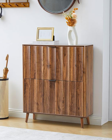 31.5” Fluted Shoe Cabinet Storage with 2 Flip Drawers,Narrow Freestanding Shoe Storage Organizer,Slim Shoe Rack Cabinet for Entryway,Hallway (Walnut)