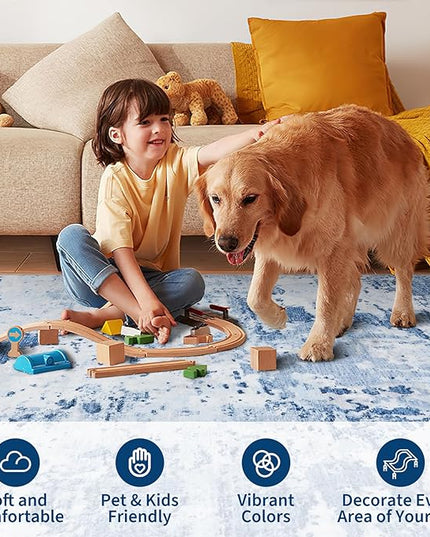 Modern Abstract 2x7 Runner Rug Washable Non Slip Stain Resistant Rug for Hallway Kitchen Bedroom Non Shedding Low Pile Indoor Floor Cover,Light Blue