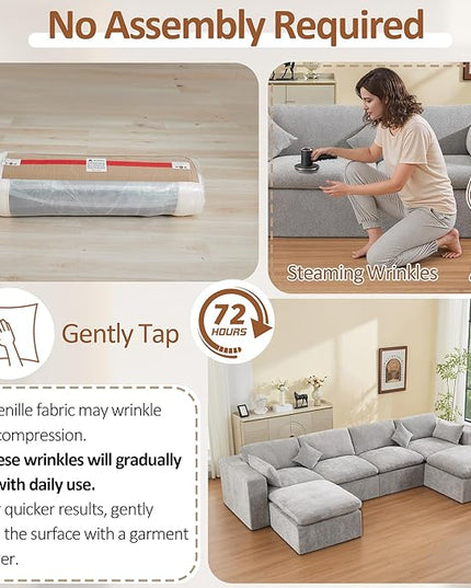 155''Cloud Boneless Sectional Couch, Modular Sectional Sofa Deep Seat with 2 Ottomans, Oversized Upholstered Convertible Comfy 6 Seater Chenille Sofa U Shape Couches for Living Room, Light Grey