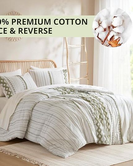 Ink+Ivy Comforter for King Size Bed, Chenille Tufted, Breathable Cotton Comforter Set, All Season Modern Boho Comforter with Farmhouse Bedding Flare, 2 Matching Shams, King Sage Green/Ivory 3 Piece