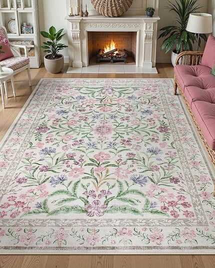 Wonnitar Boho Floral Area Rug 6x9, Washable Purple Rugs for Bedroom Girls, Non Slip Ultra-Thin Soft Indoor Baby Carpet for Nursery Dorm Kids Room Living Room, Light Purple/Pink
