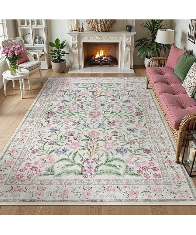 Wonnitar Boho Floral Area Rug 6x9, Washable Purple Rugs for Bedroom Girls, Non Slip Ultra-Thin Soft Indoor Baby Carpet for Nursery Dorm Kids Room Living Room, Light Purple/Pink