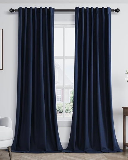 Guken Navy Blue Linen Blackout Curtains 108 Inch Length 2 Panels Set for Living Room Bedroom Back Tab Thermal Insulated 100% Black Out Linen Drapes Room Darkening Window Curtains 108 Inches Long