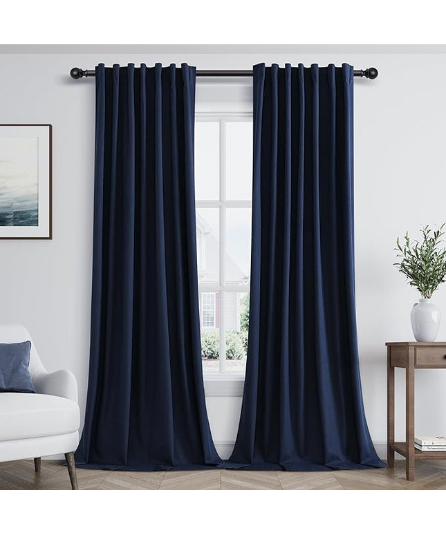 Guken Navy Blue Linen Blackout Curtains 84 Inch Length 2 Panels Set for Living Room Bedroom Back Tab Thermal Insulated 100% Black Out Linen Drapes Room Darkening Window Curtains 84 Inches Long