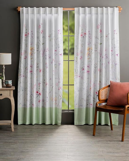Maison d' Hermine Curtains for Living Room 100% Cotton 96 inch Length One Panel Light Filtering Curtains for Bedroom Windows with Rod and Loop Pockets Drapes (Summer Floral Green, 50" W x 96" L)