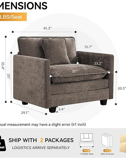 41'' Modern Chenille Oversized Chair, Upholstered Accent Living Room Chair with Extra Thicked Deep Seat, Single Lounge Chair for Bedroom, Small Apartment, Brown
