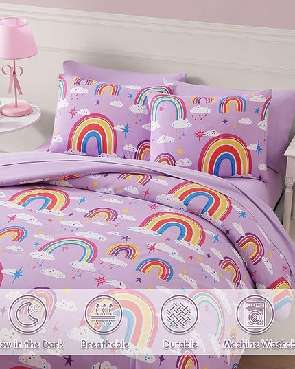 Full Size Comforter Set for Girls-7 Pieces Purple Rainbow Glow in The Dark Full Bedding Sets for Kids, Ultra Soft Bed in A Bag with Sheets